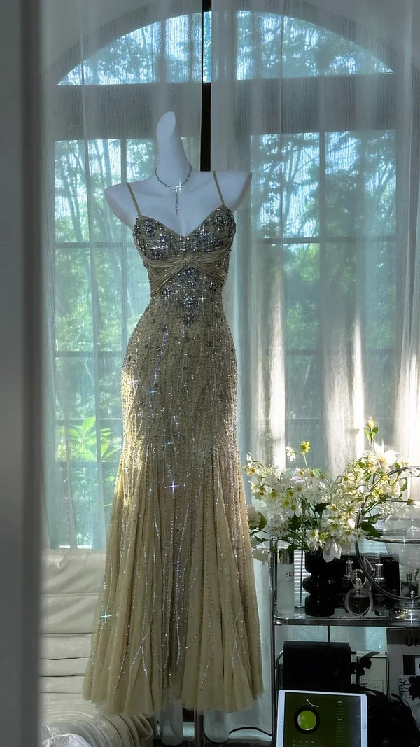 Gold Grass Green Vintage Beading Long Elegant Chiffon Homecoming Dress Ball Dress Evening Dress Birthday Party Dress Date Dress Prom Dress