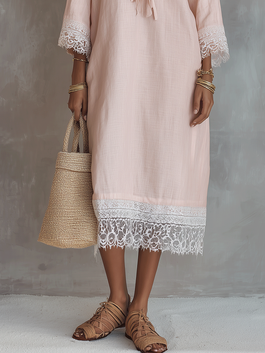 Bohemian Lace-Trimmed Cotton-Linen Midi Dress