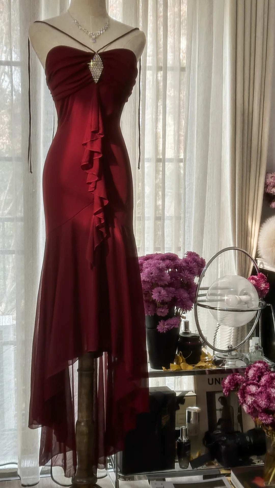 Burgundy Vintage Evening Dresses, Sleeveless Long Party Gowns  25510