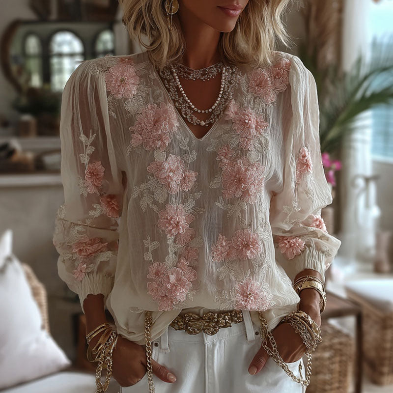 Women's Floral Embroidery Long-sleeved Linen Blend T-shirt