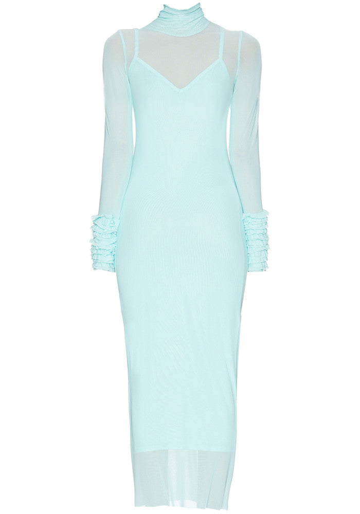 Ruffle Long Sleeve Mesh Maxi Dress Turquoise