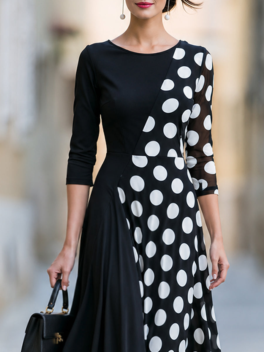 Asymmetrical Polka Dot Mesh Panel Midi Dress