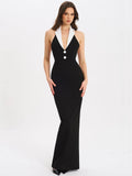 Vionette Halterneck Tuxedo Maxi Dress – Sleek Formal Gown with Tailored Fit and Contrast Collar