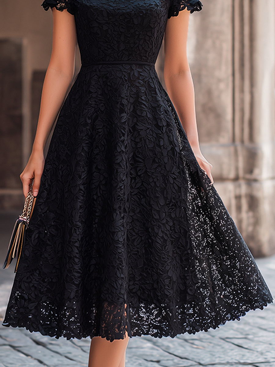 Elegant Floral Lace Boat Neck A-Line Midi Dress
