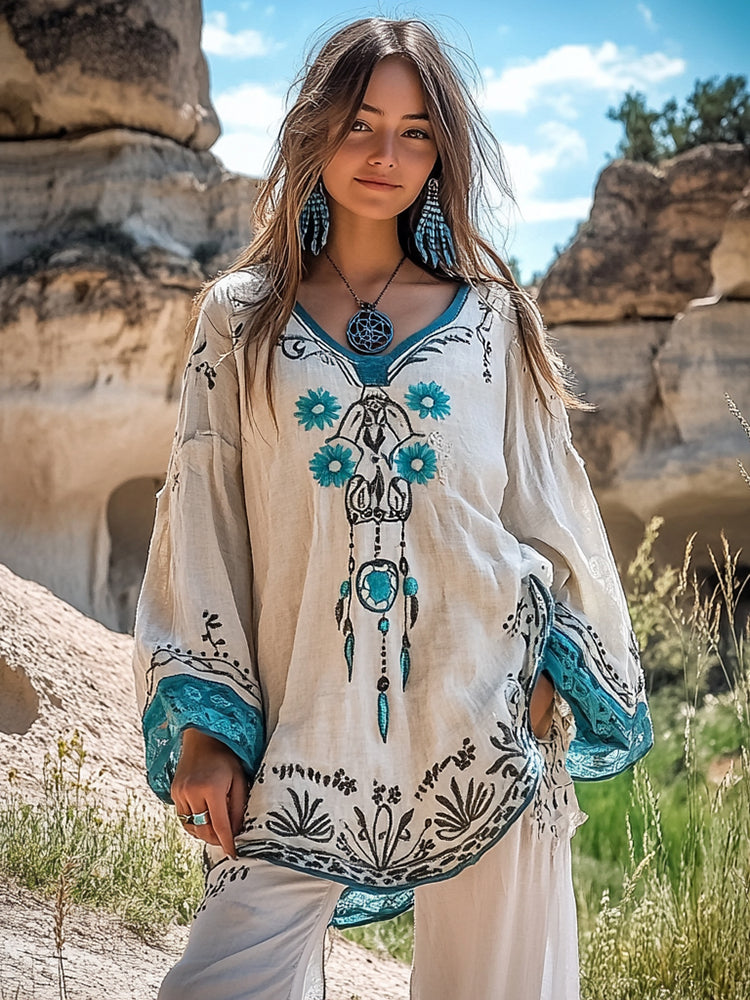 Vintage Tribal Dreamcatcher Tassel Embroidered Linen Tunic Shirt