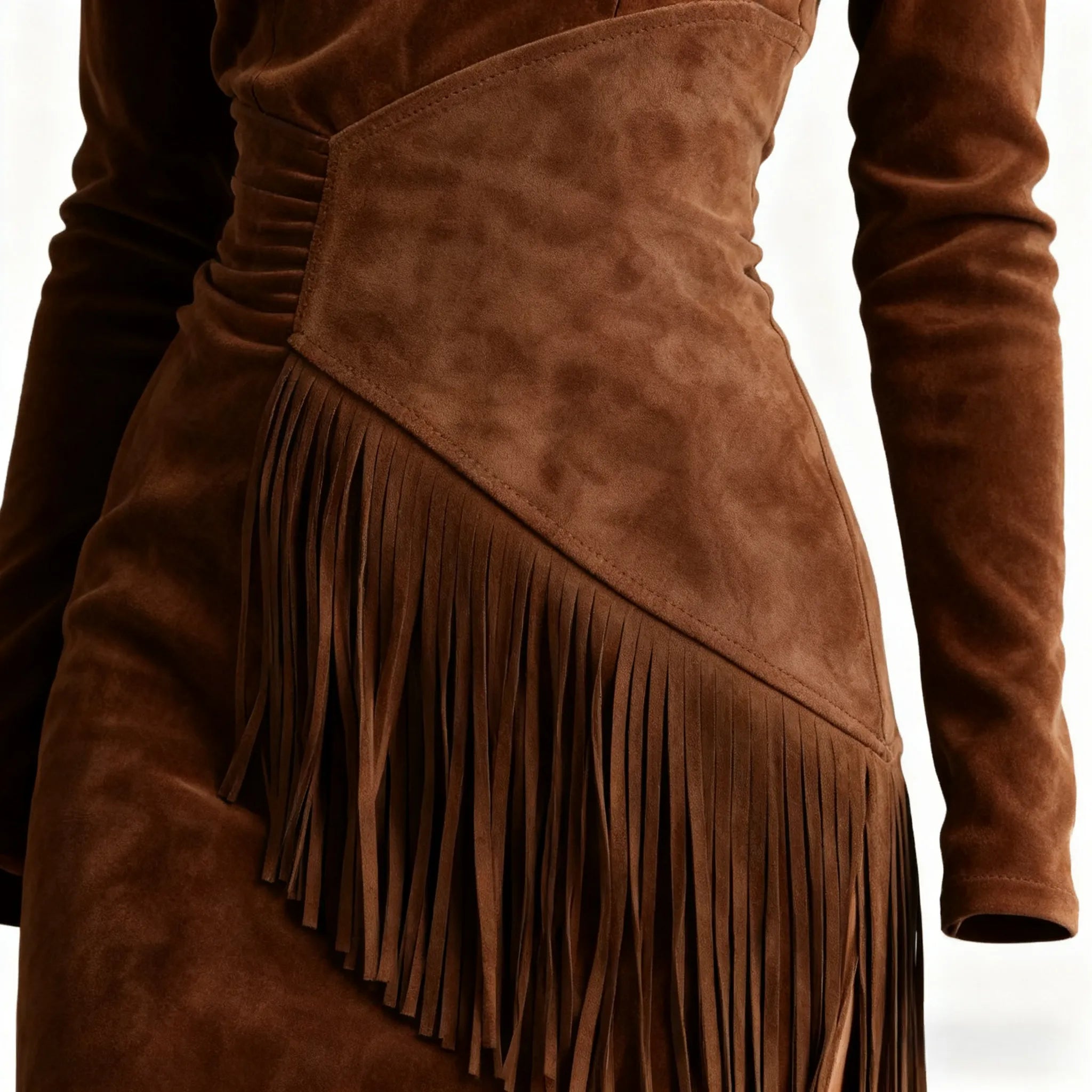 Outdoor Retro Western Style Women's Suede Tassel Long Sleeve Round Neck Dress
