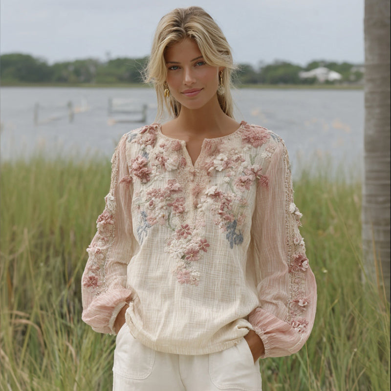Women's Floral Embroidery Casual V-neck T-shirt