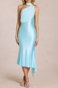 Halter Neck Draped Ruffle Midi Bodycon Evening Party Satin Dress