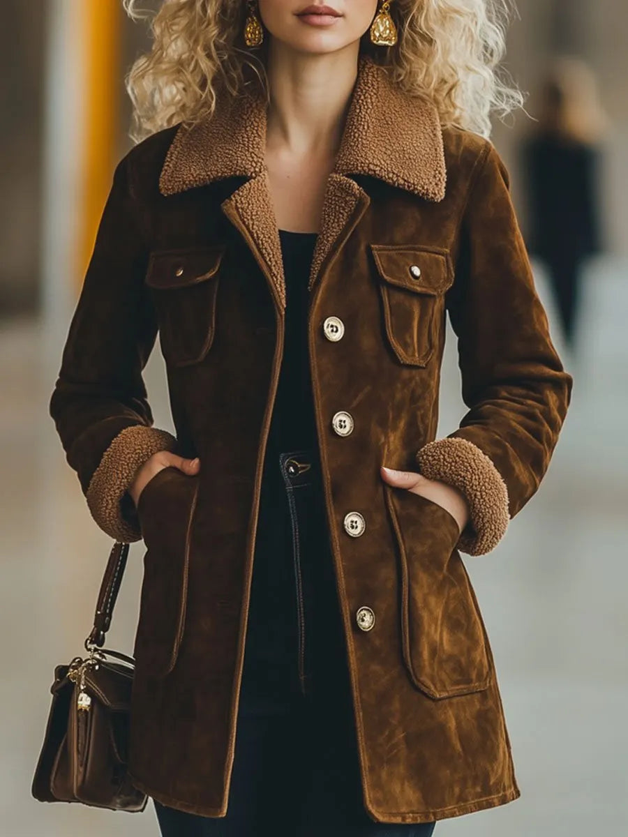 [24-hour shipping out]Casual Loose Retro Suede Lamb Wool Patchwork Multi-Pocket Coat