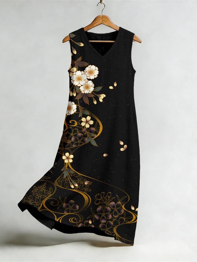 Japanese Cherry Blossoms Art Flowy Linen Midi Dress