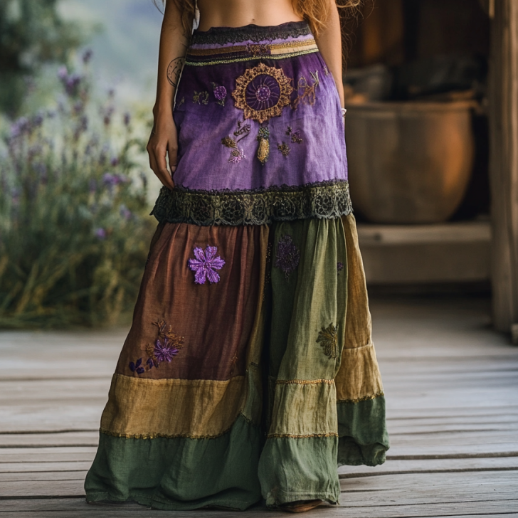 Women's Boho Lavender And Lace Patchwork Embroidered Art Linen Blend Skirt