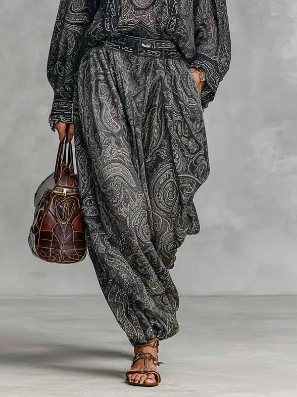Vintage Paisley Print Long Sleeve Shirt Trousers Two-piece Set