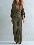 Bohemian Olive Green Batwing Sleeve Top Trousers Suit