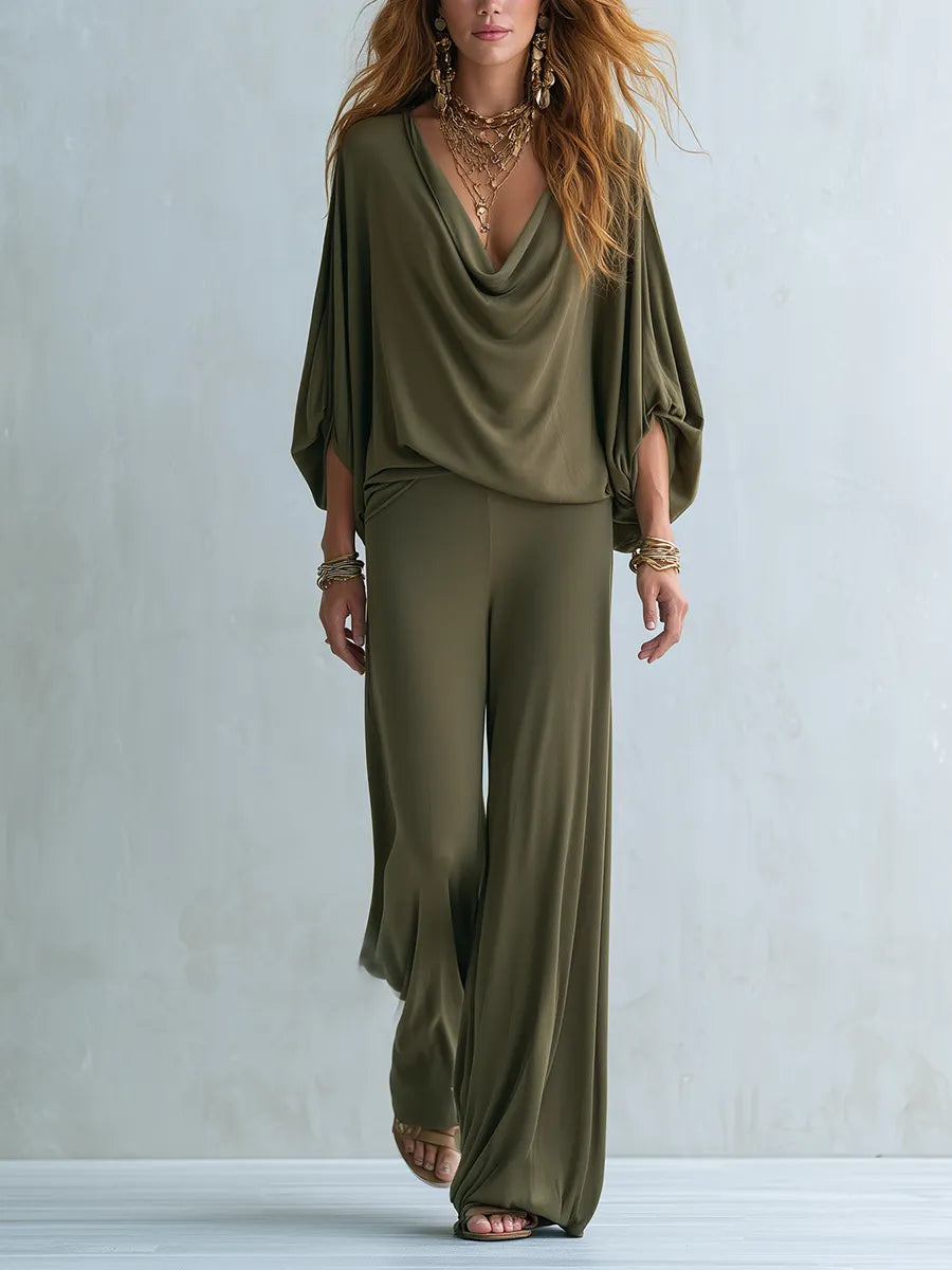 Bohemian Olive Green Batwing Sleeve Top Trousers Suit
