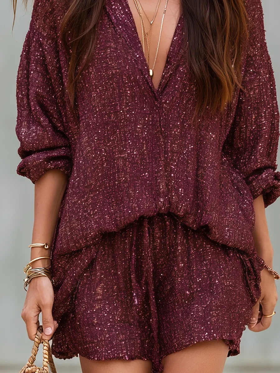 Bohemian Burgundy Sequined Tweed Shorts Suit