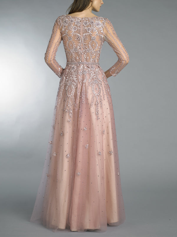 Round Neck Mesh Lace Long Sleeve Solid Color Maxi Dress