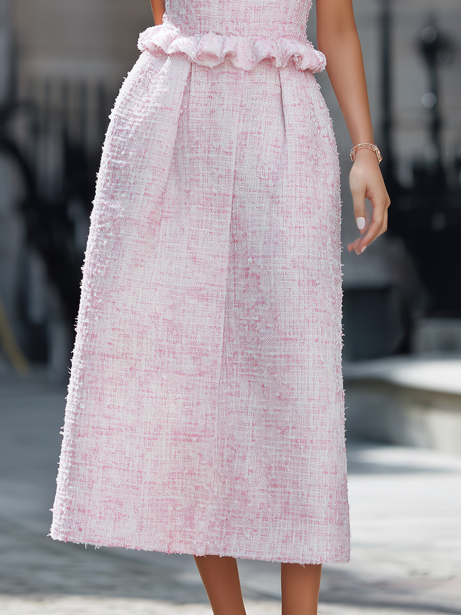 Elegant Pink Tweed Sleeveless Midi Dress