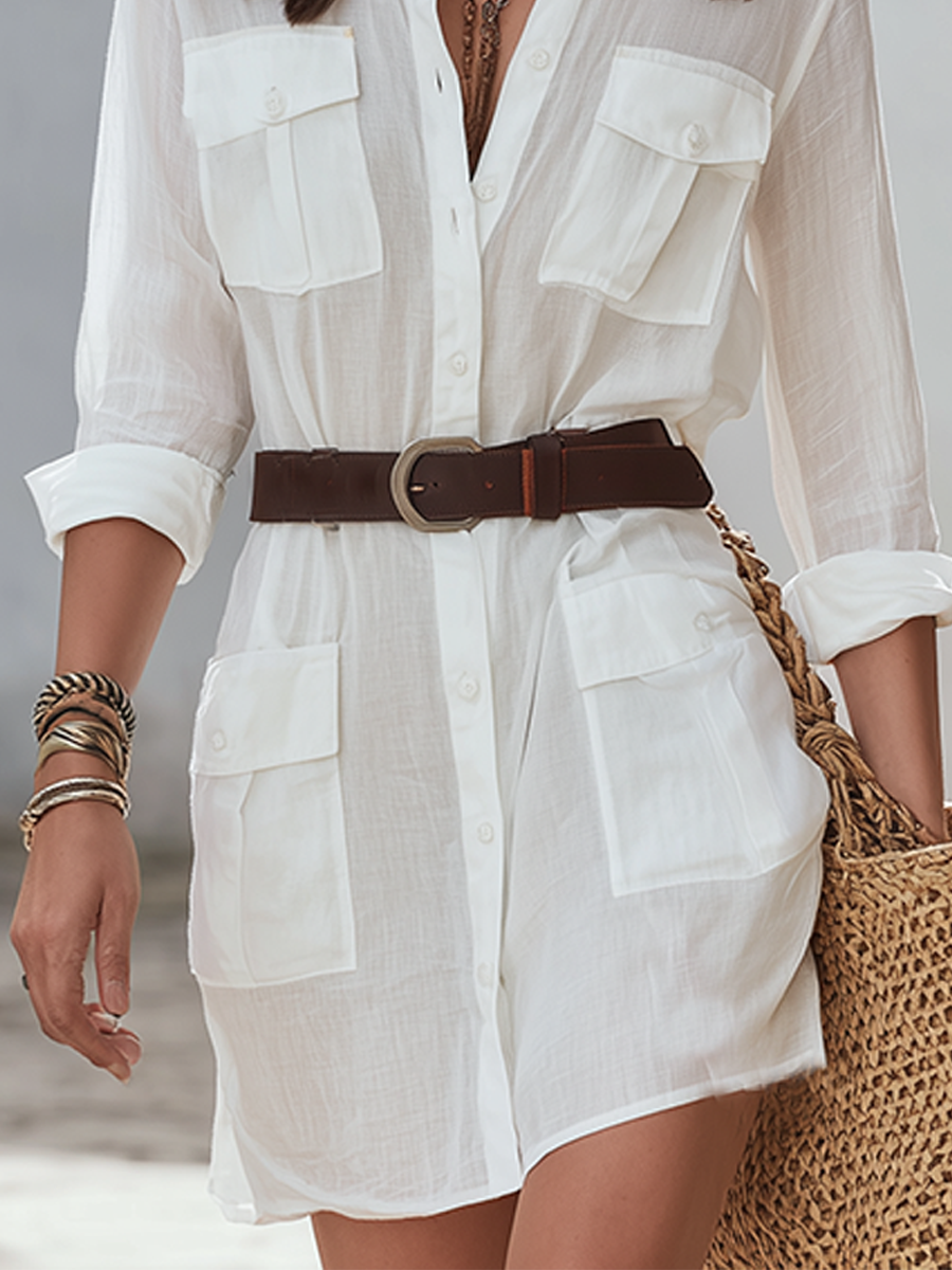 Resort-style White Organic Cotton Shirt Dress With Belt