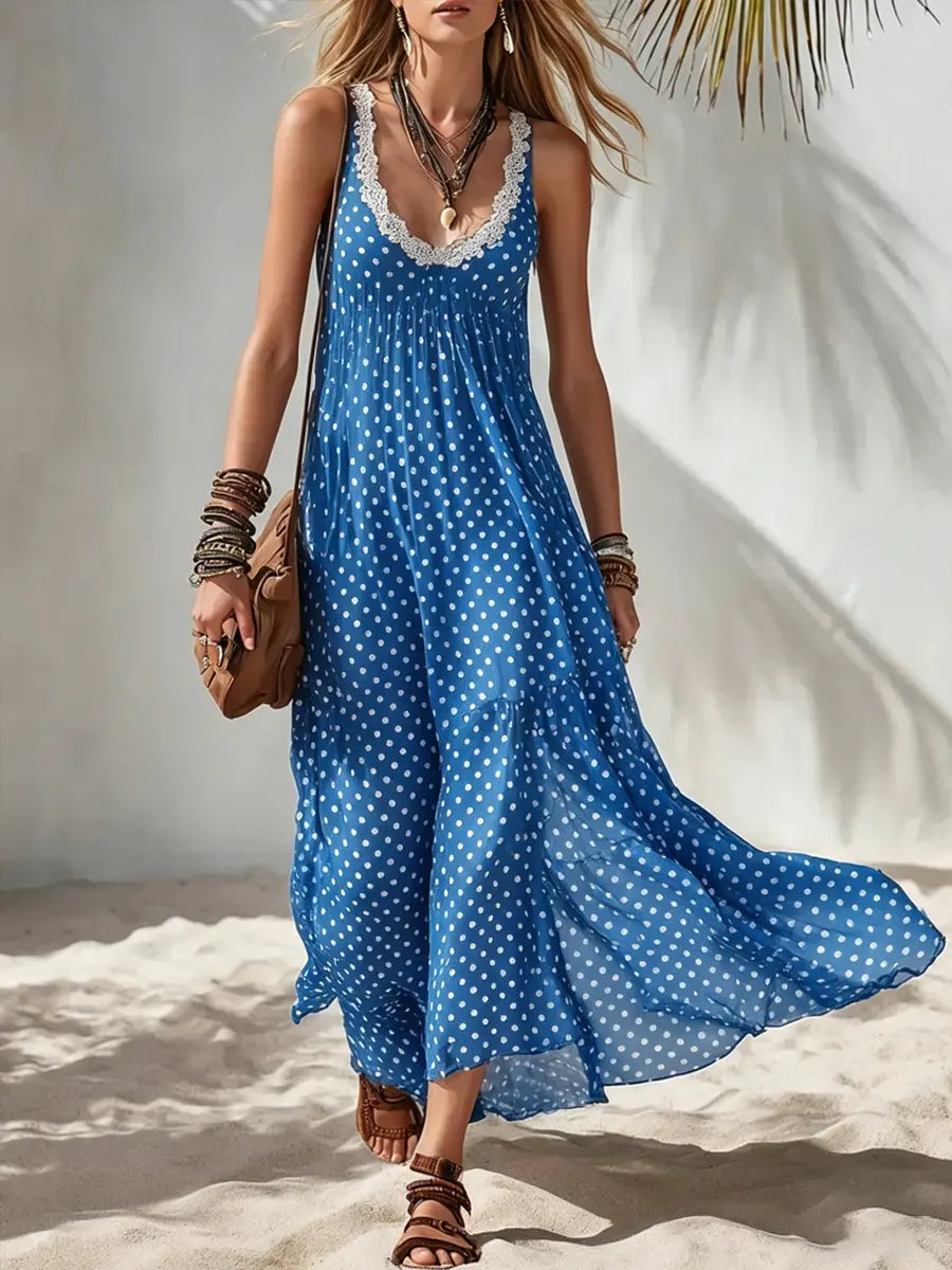 Women's Casual Vacation Style Sleeveless Polka Dot Dress