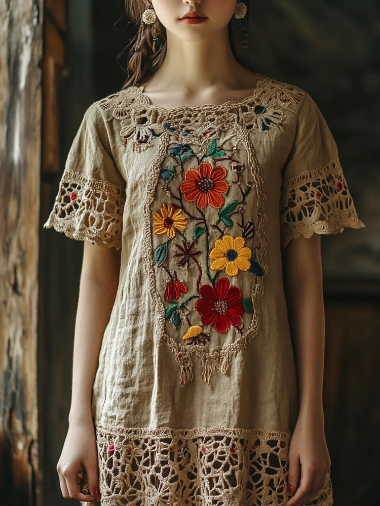 Vintage Lace Floral Embroidery Women's Linen Dress
