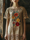 Vintage Lace Floral Embroidery Women's Linen Dress