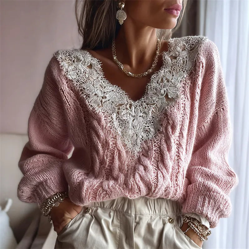 Vintage Lace Patchwork V Neck Cozy Cable Knit Sweater