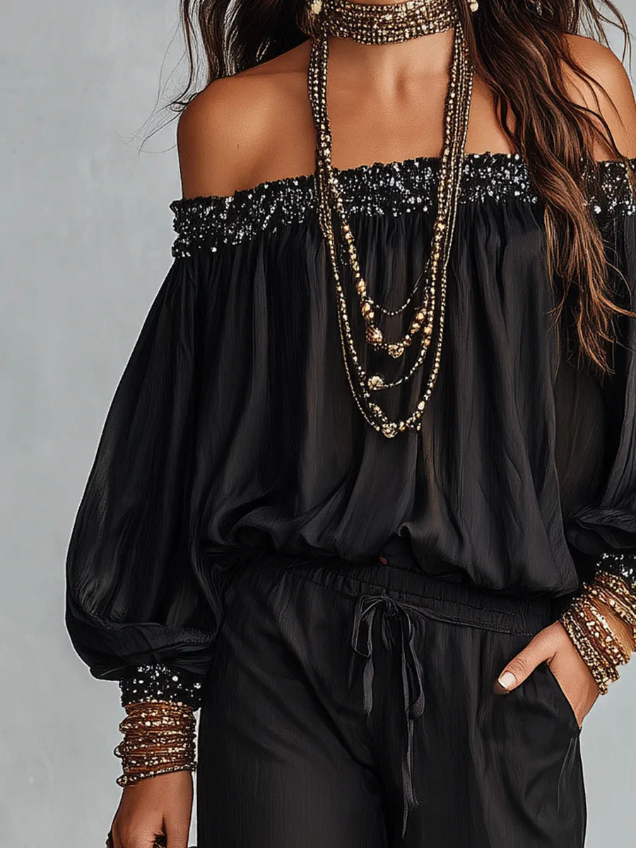 Bohemian Resort Black Off-Shoulder Blouse & Wide-Leg Pants Set