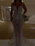Sequinned Flower Embroidery Sleeveless Tube Wrap Mesh mermaid Maxi Dresses