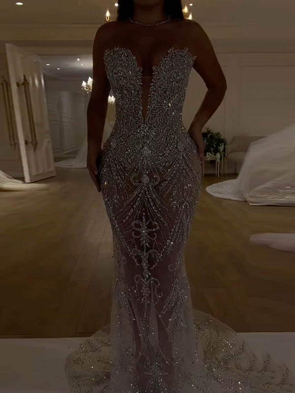Sequinned Flower Embroidery Sleeveless Tube Wrap Mesh mermaid Maxi Dresses