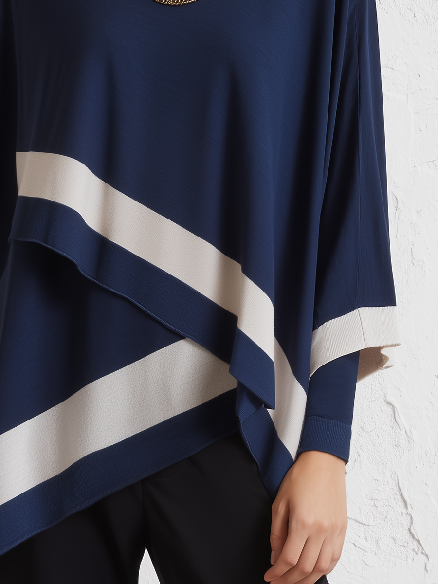 Elegant Navy Colorblock Asymmetric Tunic Top