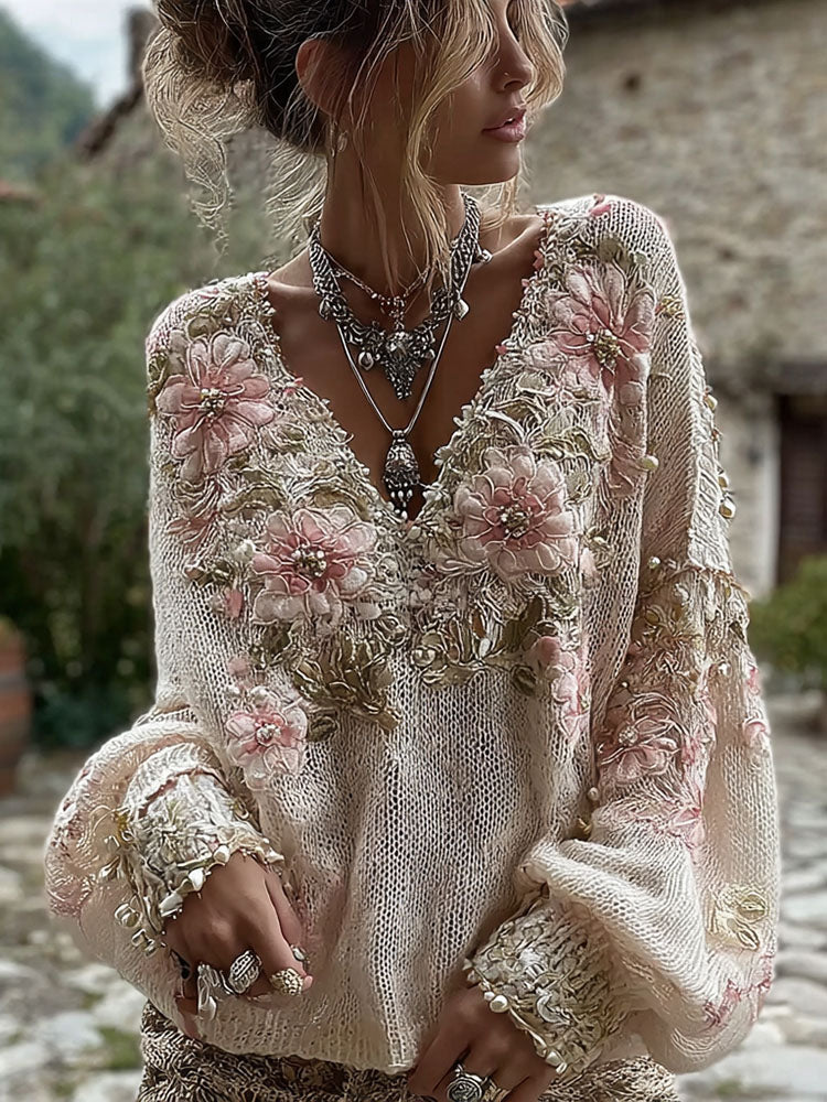 Women's Pink Flowers Art V-neck Cozy Knit Sweater