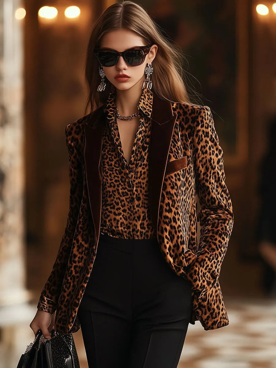 [24-hour shipping out]Casual Loose Retro Velvet Leopard Print Lapel Blazer