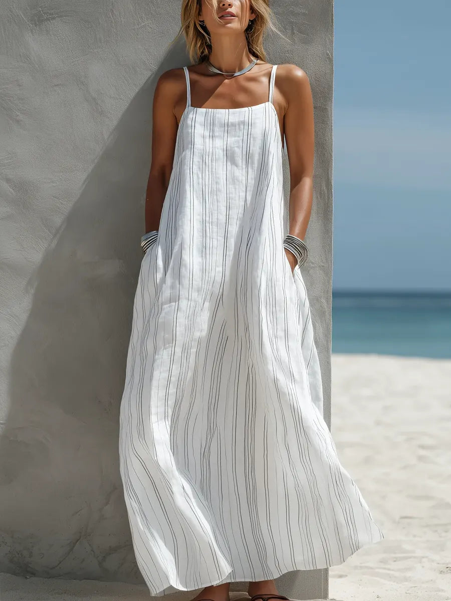 Women's Simple Striped Cotton-linen Strap Dress