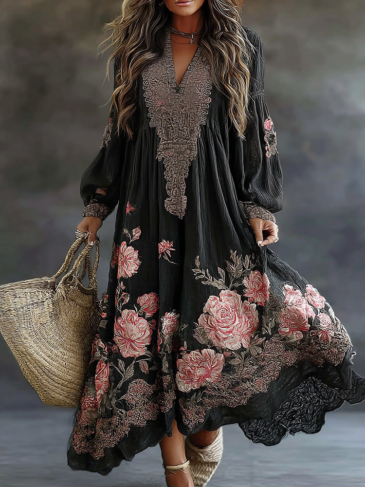Women's Vintage Floral Art Flowy Linen Blend Casual V Neck Long Sleeve Maxi Dress