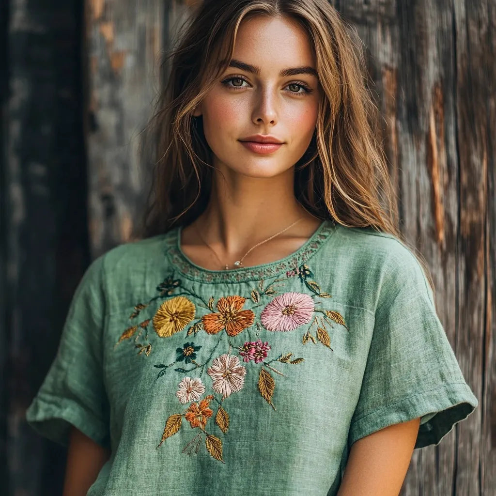 Boho Ethnic Floral Embroidery Women's Linen T-shirt