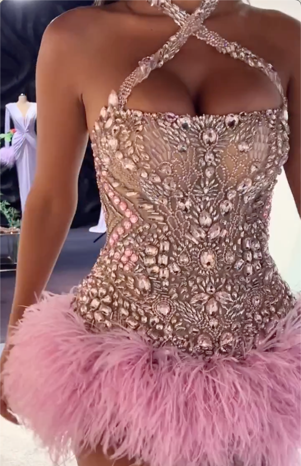 Pink Crystal Embellished Halter Mini Dress with Feather Hem