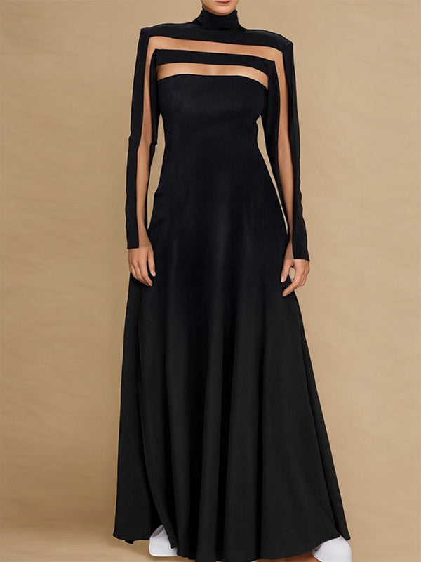 A-Line Long Sleeves Split-Joint High Neck Maxi Dresses