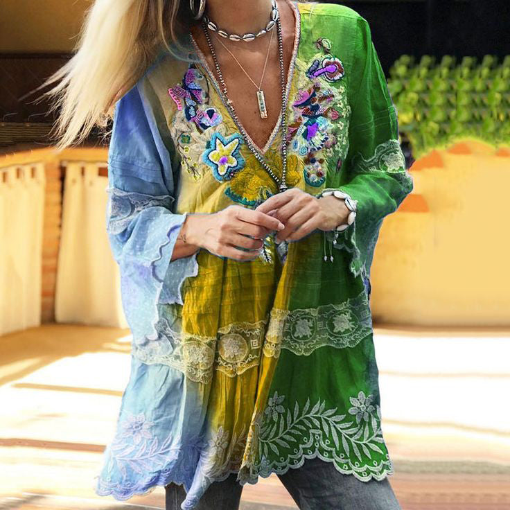 Vintage Boho Purple Floral Embroidered  Color Block Patchwork Linen V-neck Tunic