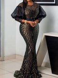 Party Puff Long Sleeves Ruffled Sequined Jacquard Round-Neck Maxi Dresses