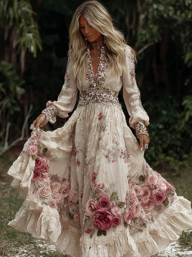 Women's Vintage Pink Roses Embroidery Art V-neck Long Sleeves Maxi Dress