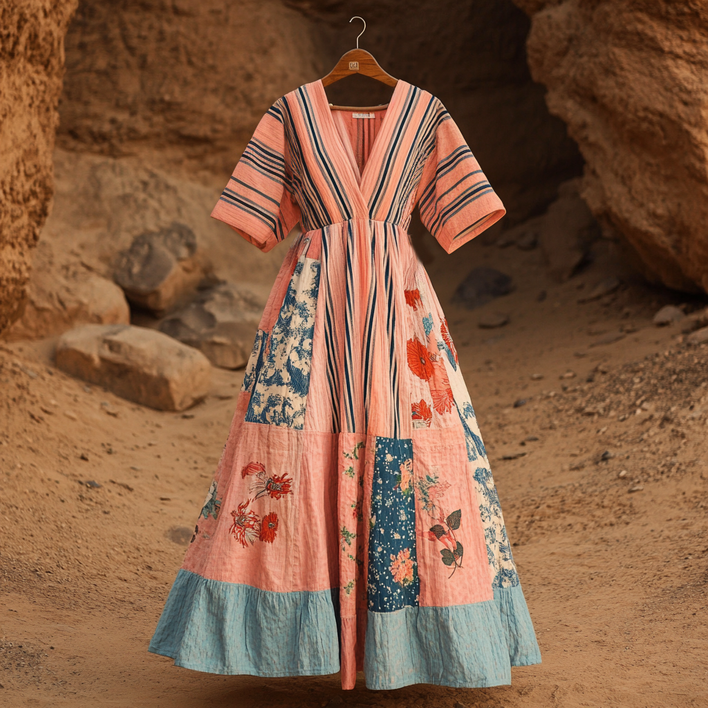 Women's Retro Striped Floral Stitching Cotton And Linen Short Sleeve Dress 2fec