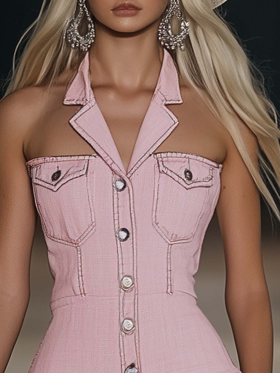[24-hour shipping out]Fashion Off-The-Shoulder Lapel Front Button Pink Denim Mini Dress