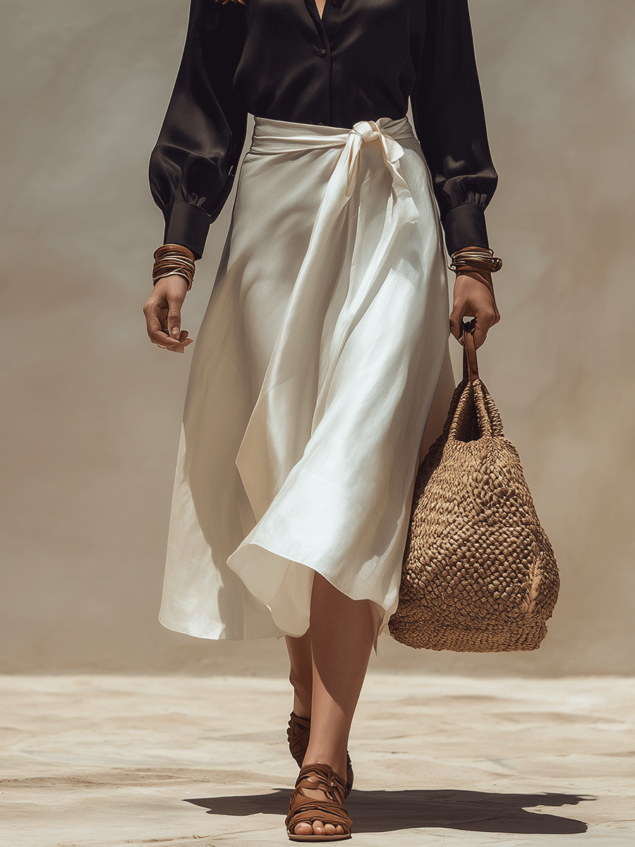 Elegant Effortless Chic Satin Blouse & Wrap Midi Skirt Set
