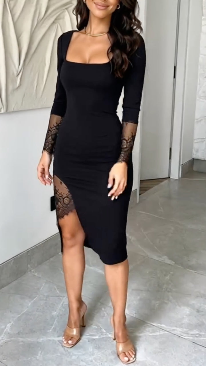 Black Square Neck Lace Midi Dress