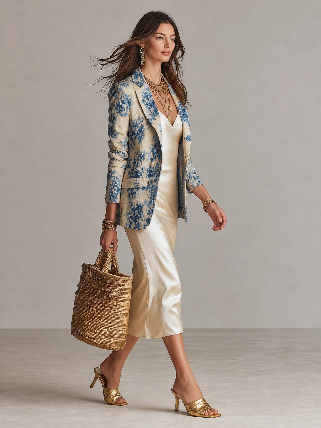 Elegant Resort Blue Floral Linen Blazer & Champagne Satin Slip Dress Set