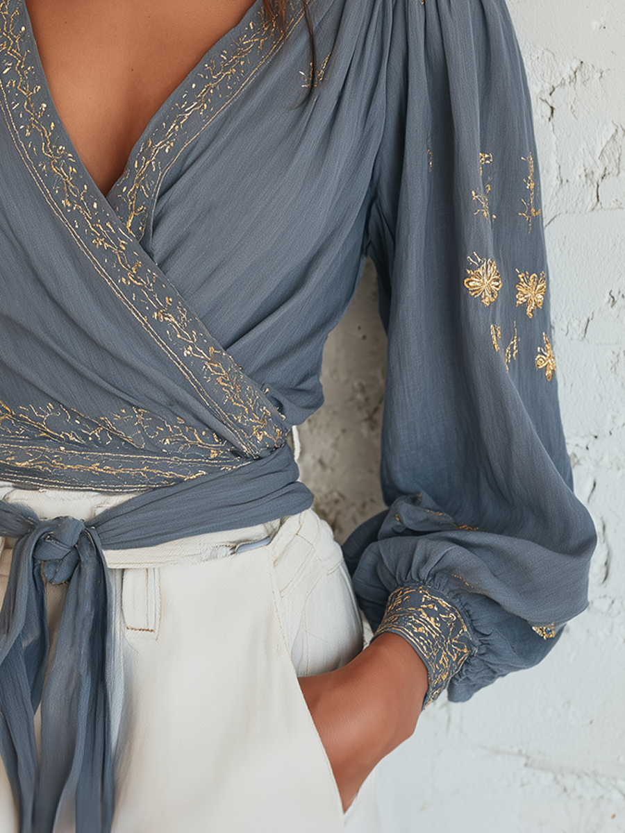 Sophisticated Slate Blue Embroidered Wrap Blouse