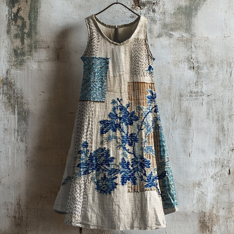 Vintage Classy Floral Textile Linen Tank Dress b0f6