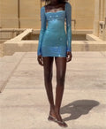 Square Neck Long Sleeve Ruched Sequin Mini Bodycon Dress, Light Blue Sparkly Bust Pleat Club Party Evening Gown