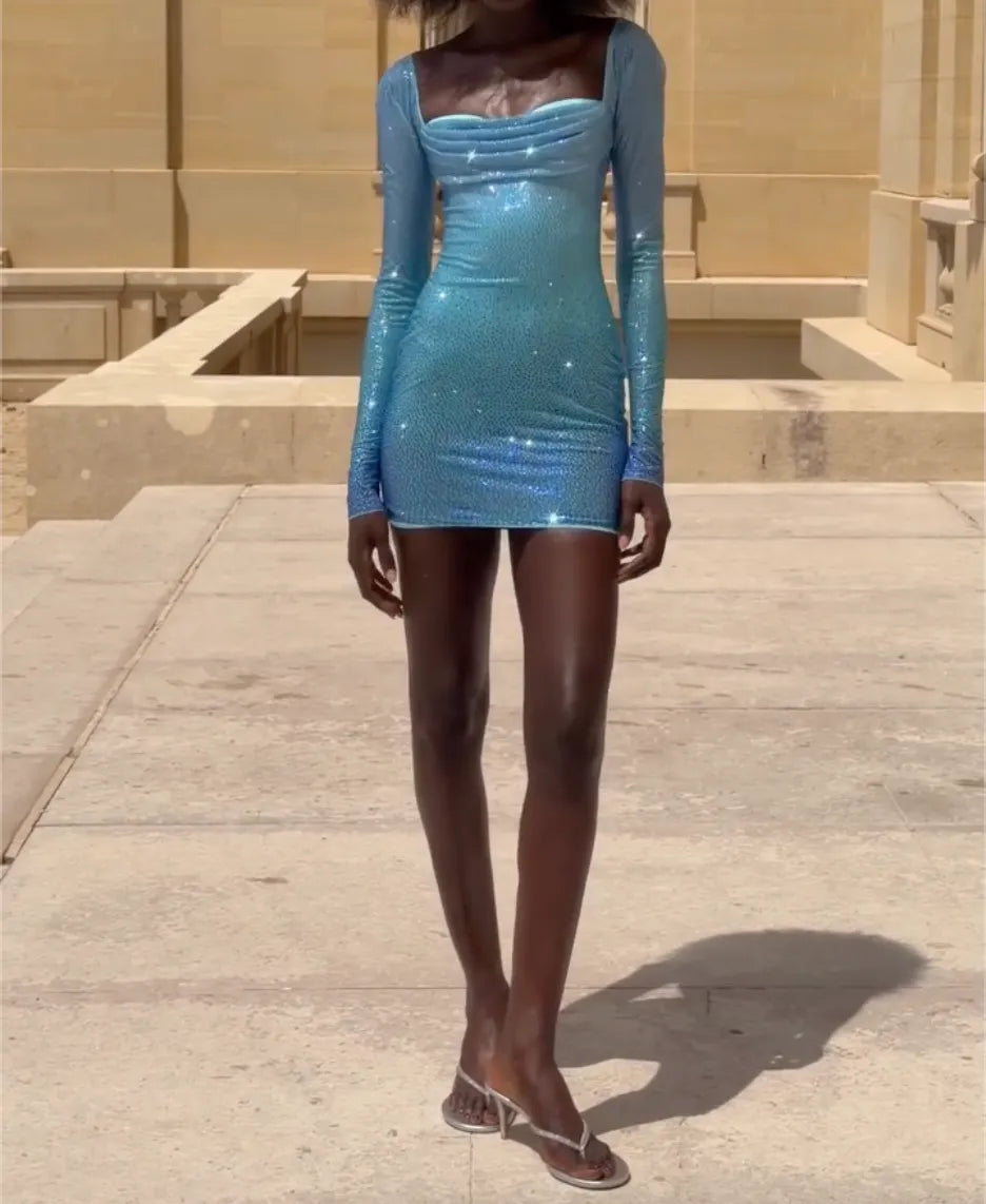Square Neck Long Sleeve Ruched Sequin Mini Bodycon Dress, Light Blue Sparkly Bust Pleat Club Party Evening Gown