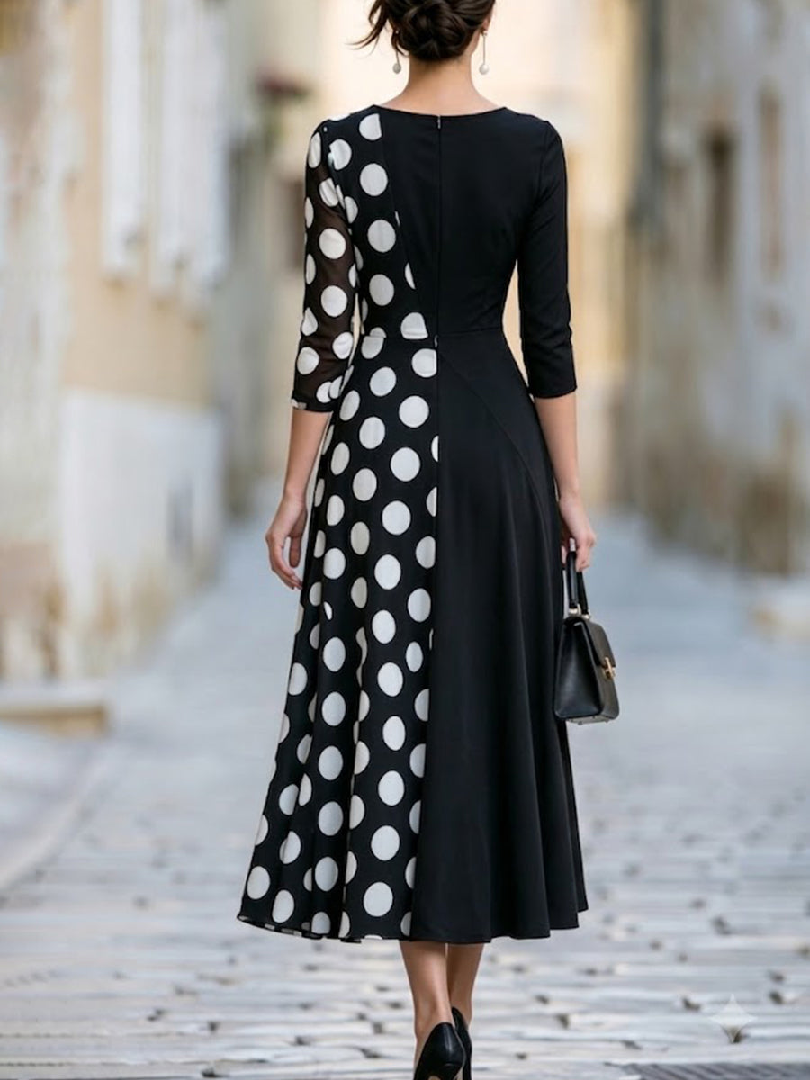 Asymmetrical Polka Dot Mesh Panel Midi Dress